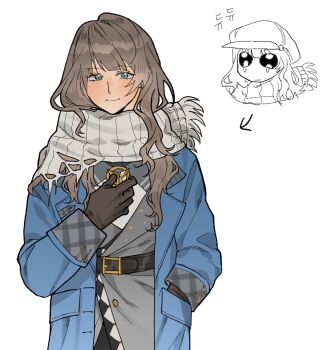 Rule 34 | 1girl, aged up, arrow (symbol), blue coat, blue eyes, brown gloves, brown hair, chibi, chibi inset, coat, commentary request, gloves, grey jacket, hand in pocket, hand up, highres, jacket, korean commentary, long hair, looking at viewer, marcus (reverse:1999), mulkkachi, reverse:1999, scarf, smile, solo, upper body, white background, white scarf
