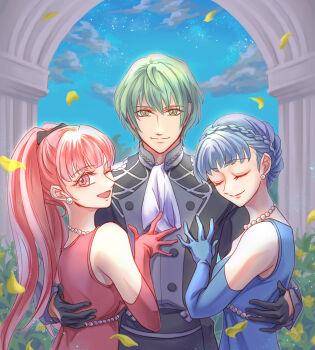 1boy 2girls alternate_costume bare_shoulders black_gloves blue_dress blue_gloves buttons closed_eyes cloud commentary_request commission dress elbow_gloves fire_emblem fire_emblem:_three_houses formal_clothes garreg_mach_monastery_uniform gloves green_eyes green_hair highres hilda_valentine_goneril hilda_valentine_goneril_(timeskip) jewelry male_byleth_(awakened)_(fire_emblem) male_byleth_(fire_emblem) marianne_von_edmund marianne_von_edmund_(timeskip) multiple_girls necklace night nintendo one_eye_closed pearl_necklace pink_dress pink_eyes pink_gloves pink_hair short_hair skeb_commission sky sleeveless sleeveless_dress smile ursla99