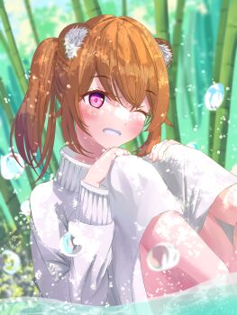 1girl ;q alternate_costume alternate_hairstyle animal_ear_fluff animal_ears bamboo bamboo_forest barefoot blurry blurry_background blush brown_hair commentary_request day forest grin hair_between_eyes high_collar highres in_water knees_up long_sleeves looking_at_viewer medium_hair naoyaroom nature one_eye_closed open_mouth outdoors pink_eyes ponytail raccoon_ears raccoon_girl raphtalia sitting smile solo sweater tate_no_yuusha_no_nariagari tongue tongue_out turtleneck turtleneck_sweater water_drop white_sweater