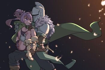 1girl 1other ambiguous_gender bearer_of_the_curse black_pants black_shorts black_sports_bra boots breasts brown_boots cape carrying cloak commentary cosplay dark_souls_(series) dark_souls_ii eepy_sleepy emerald_herald emerald_herald_(cosplay) english_commentary green_cape green_cloak green_shirt grey_background hair_intakes helm helmet highres hood hood_down hooded_cloak jarv long_hair medium_breasts pants phase_connect pointy_ears princess_carry purple_eyes purple_hair shirt shorts sports_bra virtual_youtuber