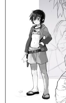 1girl belt bikini expressionless highres kino_(kino_no_tabi) kino_no_tabi monochrome navel sandals short_hair shorts starfish swimsuit tagme taru153