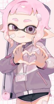 1girl :q bandaid bandaid_on_cheek bandaid_on_face black_shorts commentary_request dolphin_shorts grid_background heart heart_hands highres inkling inkling_girl inkling_player_character looking_at_viewer medium_hair nintendo pink_hair pink_sweater pink_trim pointy_ears sabata_saba shorts solo splatoon_(series) standing sweater tentacle_hair thick_eyebrows tongue tongue_out white_background