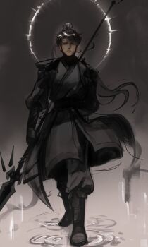 1boy absurdres arm_behind_back baggy_pants black_eyes black_gloves black_robe black_tunic boots commentary eclipse english_commentary floating_hair full_body gloves hair_bun highres holding holding_polearm holding_weapon logicsterrr long_hair looking_at_viewer male_focus pants polearm robe serious shadow_slave shoulder_pads solar_eclipse solo spear sunny_(shadow_slave) tunic very_long_hair walking weapon