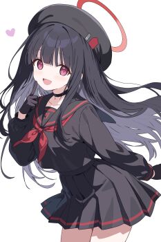 1girl beret black_gloves black_hair black_skirt blue_archive bow choker finger_to_cheek gloves halo hat heart highres justice_task_force_member_(blue_archive) nqku red_bow red_eyes school_uniform skirt smile