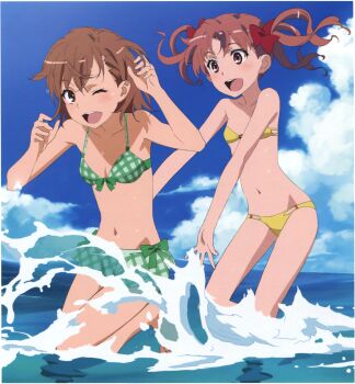Rule 34 | 10s, 2013, 2girls, bare legs, bare shoulders, barefoot, bikini, blush, bow, breasts, brown eyes, cloud, collarbone, day, feet in water, flat chest, frilled bikini, frills, green bikini, hair bow, hair ornament, happy, highres, long hair, looking at another, matching hair/eyes, misaka mikoto, multiple girls, navel, ocean, official art, one eye closed, open mouth, outdoors, red bow, scan, shirai kuroko, short hair, sky, small breasts, smile, splashing, standing, stomach, swimsuit, tanaka yuuichi, toaru kagaku no railgun, toaru majutsu no index, toes, twintails, water, wet, yellow bikini