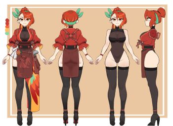 1girl ass black_thighhighs border breasts brown_background closed_mouth color_guide commentary english_commentary expressionless from_behind from_side full_body green_headband headband high_heels highres hyyun_ho indie_virtual_youtuber jacket june_(hyyun_ho) large_breasts looking_at_viewer multiple_views no_jacket orange_eyes orange_hair pelvic_curtain profile red_jacket reference_sheet see-through_cleavage see-through_clothes standing straight-on thighhighs white_border wristband