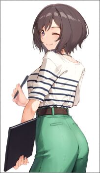Rule 34 | 1girl, absurdres, ass, belt, blush, book, breasts, brown belt, brown hair, commentary request, cowboy shot, gakuen idolmaster, green pants, highres, holding, holding book, holding pen, idolmaster, kei (soundcross), long sleeves, looking at viewer, medium breasts, neo asari, one eye closed, pants, pen, purple eyes, shirt, short hair, sidelocks, smile, solo, striped clothes, striped shirt, teacher, white background, white shirt
