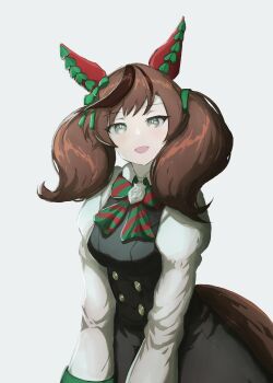 1girl animal_ears black_dress blush bow bowtie breasts brown_eyes brown_hair commentary diagonal-striped_bow dress ear_bow ear_covers ear_ribbon english_commentary green_bow green_bowtie highres horse_ears horse_girl horse_tail juliet_sleeves long_sleeves looking_at_viewer medium_hair multicolored_hair nice_nature_(poinsettia_ribbon)_(umamusume) nice_nature_(umamusume) open_mouth pinafore_dress puffy_sleeves rika-kiyoshi simple_background sleeveless sleeveless_dress smile solo streaked_hair striped_bow striped_bowtie striped_clothes tail twintails umamusume