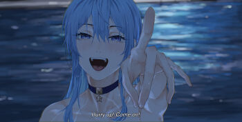 1girl :d absurdres blue_choker blue_eyes blue_hair blurry blurry_background blush choker collar english_text hair_between_eyes highres hololive hoshimachi_suisei kizuru09 long_hair looking_at_viewer open_mouth pointing pointing_at_viewer pool smile solo star_(symbol) star_choker star_in_eye symbol_in_eye teeth upper_body virtual_youtuber water wet wet_hair