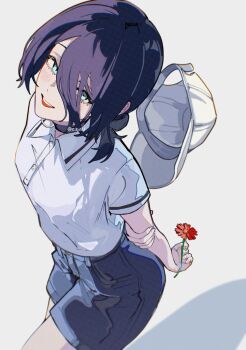1girl arms_behind_back baseball_cap black_choker blue_eyes blue_shorts c_cutai chainsaw_man choker flower grenade_pin hat highres holding holding_flower looking_at_viewer open_mouth polo_shirt purple_hair red_flower reze_(chainsaw_man) shirt shirt_tucked_in shorts solo white_background white_shirt