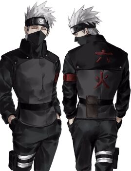 Rule 34 | 1boy, armband, bandaged leg, bandages, bandages over clothes, black gloves, black pants, closed eyes, from behind, gloves, grey hair, hands in pockets, hatake kakashi, highres, long sleeves, looking at viewer, male focus, multiple views, naruto: the last, naruto (series), pants, pocket, red armband, scar, scar across eye, scar on face, short hair, simple background, sso s, white background
