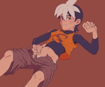 1boy artist_name character_request closed_mouth kyoudaicon long_sleeves lying male_focus multicolored_hair on_back penis penis_grab short_hair shorts shota signature solo the_secret_saturdays two-tone_hair