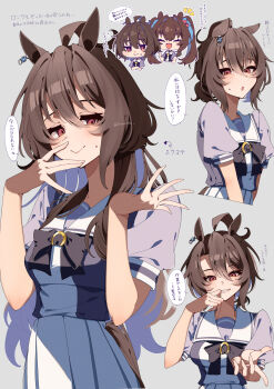 2girls absurdres agnes_tachyon_(umamusume) ahoge closed_eyes closed_mouth daiwa_scarlet_(umamusume) grin hair_between_eyes highres horse_girl horse_tail koroeda6 long_hair looking_at_viewer multiple_girls purple_shirt reaching reaching_towards_viewer red_eyes sailor_collar school_uniform shirt short_hair short_sleeves skirt smile sweat tail tracen_school_uniform twintails umamusume white_sailor_collar white_skirt wolf_cut