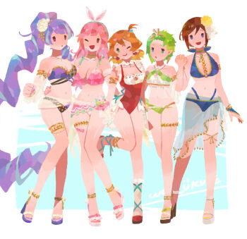 absurdres animal_ears arms_around_waist bikini breasts cleavage flower freyja_wion green_hair hair_flower hair_ornament highres holding_hands kaname_buccaneer macross macross_delta makina_nakajima mikumo_guynemer multiple_girls one-piece_swimsuit one_eye_closed orange_hair pink_hair pointy_ears ponytail purple_hair rabbit_ears reina_prowler ro_(tuyu_416) short_hair smile swimsuit