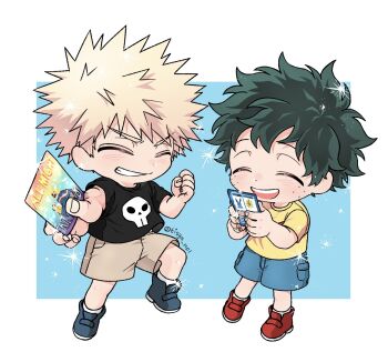 Rule 34 | 1boy, 2boys, all might, bakugou katsuki, black shirt, blonde hair, blue shoes, blue shorts, blush, boku no hero academia, brown shorts, card, clenched hand, closed eyes, commentary request, freckles, green hair, happy, highres, holding, holding card, korean commentary, male focus, midoriya izuku, multiple boys, open mouth, red shoes, shirt, shoes, short hair, shorts, simple background, skull print, smile, spiked hair, teeth, tisya no1, white background, yellow shirt