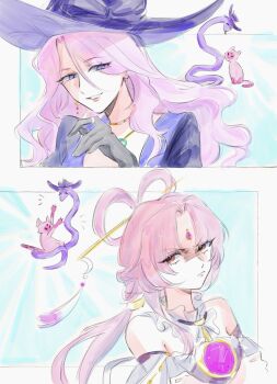 2girls andromeda_ys animal animal_ears animalization bare_shoulders black_gloves blue_background blue_pupils border cat cat_ears cat_tail chinese_clothes closed_mouth commentary constellation crescent crescent_ornament crossed_arms detached_sleeves dress earrings forehead_jewel frills fu_xuan_(honkai:_star_rail) gem gloves hair_between_eyes hair_ornament hair_rings hair_stick hand_up hat highres honkai:_star_rail honkai_(series) jade_(honkai:_star_rail) jewelry juliet_sleeves long_hair long_hair_between_eyes long_sleeves looking_at_another looking_down looking_up low_twintails multiple_girls necklace notice_lines outside_border parted_bangs pink_eyes pink_gemstone pink_hair pink_lips puffy_sleeves purple_dress purple_eyes purple_hair purple_hat ring sidelocks simple_background single_earring sleeveless sleeveless_dress smile snake symbol-only_commentary tail tassel teeth twintails upper_body v-shaped_eyebrows wavy_hair white_border white_dress white_sleeves wide_sleeves