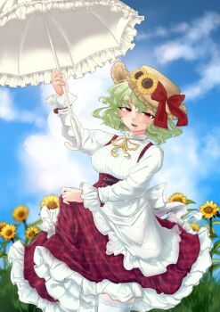 Rule 34 | 1girl, apron, commentary request, dress, field, flower, flower field, green eyes, hat, hat ribbon, highres, kazami yuuka, long hair, looking at viewer, medium hair, mu513989, parasol, red eyes, red skirt, ribbon, skirt, solo, straw hat, sunflower, sunflower field, touhou, umbrella, waist apron, white apron, white dress