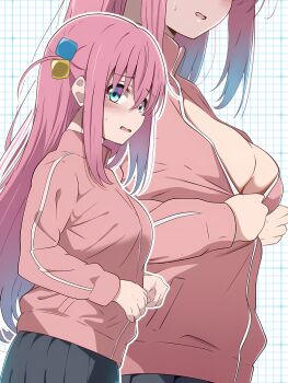 1girl absurdres anime_coloring black_skirt blue_eyes blush bocchi_the_rock! borgbutler breasts commentary_request cube_hair_ornament d: different_zoom_layer gotoh_hitori hair_between_eyes hair_ornament highres jacket large_breasts long_hair long_sleeves looking_at_viewer looking_to_the_side multiple_views no_bra one_side_up open_mouth partially_unzipped pink_hair pink_jacket pleated_skirt school_uniform sidelocks simple_background skirt sweatdrop track_jacket very_long_hair