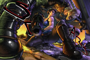 Rule 34 | 1girl, blue tank top, clothes around waist, commentary, english commentary, fingerless gloves, gloves, gun, highres, holding, holding gun, holding weapon, jill valentine, monster, muscular, muscular female, nemesis (resident evil), resident evil, resident evil 3: nemesis, sammytighe, short hair, strapless, sweater, sweater around waist, tank top, tube top, weapon, zombie