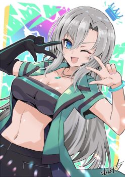 1girl black_gloves black_skirt black_tube_top blue_eyes bracelet breasts cleavage commentary_request elbow_gloves gloves green_jacket grey_hair jacket jewelry large_breasts long_hair looking_at_viewer mutsuki_riichi navel one_eye_closed open_clothes open_jacket open_mouth riot_music short_sleeves single_elbow_glove skirt smile solo strapless sumeragi_miona tube_top virtual_youtuber
