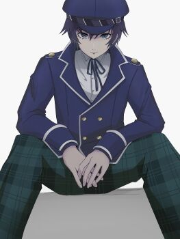 1girl blue_eyes blue_hair blue_hat blue_jacket blue_ribbon closed_mouth collared_shirt commentary_request green_pants hat highres jacket pants persona persona_4 reverse_trap ribbon shirogane_naoto shirt short_hair sitting solo spread_legs usa_(kawaii_152cm) white_shirt