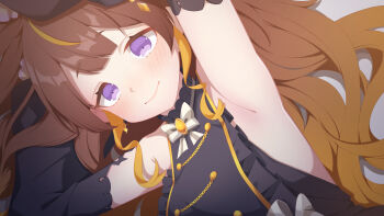 1girl absurdres anya_melfissa anya_melfissa_(1st_costume) aobara_hairi armpits arms_up black_dress blonde_hair brown_hair close-up commentary detached_sleeves dress duplicate dutch_angle frilled_dress frills gradient_hair hair_ornament halter_dress halterneck highres hololive hololive_indonesia long_hair looking_at_viewer lying multicolored_hair on_back pixel-perfect_duplicate purple_eyes smile solo streaked_hair two-tone_hair vignetting virtual_youtuber