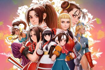 Rule 34 | 6+girls, absurdres, ainu clothes, arabian clothes, armor, black hair, blonde hair, blue eyes, braid, braided ponytail, breasts, brown eyes, brown hair, capcom, capcom vs. snk, chinese clothes, chun-li, claire (plasma sword), cleavage, clenched hands, double bun, fatal fury, fighting stance, fingerless gloves, gloves, hair bun, hair ribbon, headband, highres, justice gakuen, kazama akira, large breasts, leg lift, leg up, legs, leotard, long hair, looking at viewer, looking to the side, mori toshiaki, multiple girls, nakoruru, necktie, official art, parted lips, pink lips, ponytail, power stone, realistic, ribbon, rouge (power stone), samurai spirits, school uniform, shiranui mai, short hair, small breasts, smile, snk, star gladiator, street fighter, the king of fighters, thighs, twin braids, wakaba hinata
