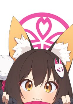 1girl absurdres animal_ear_fluff animal_ears black_gloves blue_archive blush brown_hair closed_mouth commentary eyeshadow fang fingerless_gloves fox_ears fox_girl fox_hair_ornament fuhao10708 gloves hair_between_eyes hair_ornament halo highres izuna_(blue_archive) looking_at_viewer makeup medium_hair partially_fingerless_gloves pink_eyeshadow pink_halo pom_pom_(clothes) pom_pom_hair_ornament portrait simple_background skin_fang staring symbol-only_commentary white_background yellow_eyes