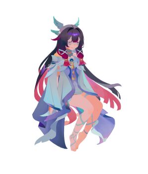 1girl absurdres arm_at_side barefoot black_hair blunt_ends closed_eyes closed_mouth coat colored_inner_hair columbina_(genshin_impact) commentary dress eye_mask full_body genshin_impact gradient_hair hair_ornament hair_ribbon highres long_hair long_sleeves low-tied_sidelocks mask multicolored_hair off-shoulder_coat off_shoulder open_clothes open_coat pink_hair ribbon selvha sidelocks simple_background sitting sleeves_past_wrists smile solo tress_ribbon white_background white_coat white_dress white_mask white_ribbon wing_hair_ornament