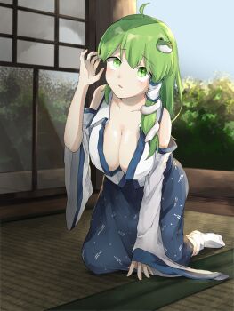 1girl ahoge breasts cleavage detached_sleeves frog frog_hair_ornament full_body gohei green_eyes green_hair hair_ornament hair_tubes highres kochiya_sanae large_breasts long_hair looking_at_viewer nontraditional_miko open_mouth outdoors print_skirt shirt shrine single_hair_tube skirt snake snake_hair_ornament solo tayutai_(user_xruy3332) touhou white_shirt