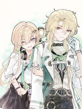 1boy 1girl aqua_necktie black_skirt blonde_hair blue_eyes braid braided_bangs breasts bright_pupils closed_mouth coat commentary_request gloves hair_between_eyes hair_ornament headphones headphones_around_neck highres hoto_rina jewelry long_hair looking_at_viewer luuk_herssen_(wuthering_waves) lynae_(wuthering_waves) medium_breasts necklace necktie one_eye_closed open_mouth red_eyes shirt skirt skull_hair_ornament smile w white_coat white_gloves white_pupils white_shirt wuthering_waves