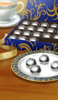 box commentary cup drink fate/grand_order fate_(series) gift gift_box in_box in_container lasengle liquid mercury_(element) no_humans object_focus official_art orb plate porcelain ribbon saucer still_life teacup third-party_source yellow_ribbon