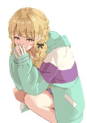 Rule 34 | 1girl, absurdres, bare legs, blonde hair, blush, bright pupils, commentary, fujita kotone, gakuen idolmaster, hair ribbon, haruno honobono, highres, hood, hooded jacket, idolmaster, jacket, looking at viewer, multicolored clothes, multicolored jacket, own hands together, ribbon, shirt, simple background, smile, solo, squatting, twintails, white background, white pupils, yellow eyes, yellow shirt