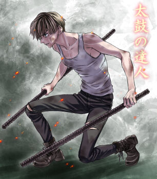 1girl arm_markings bare_legs black_boots black_pants blonde_hair blue_eyes body_markings boots bruise bruise_on_arm bruise_on_face bruise_on_hand bruise_on_shoulder collarbone commentary dual_wielding facial_mark full_body grace_harper hayashiya_shizuru holding holding_rod injury looking_ahead pants parted_lips reverse_trap rod short_hair solo tank_top terminator:_dark_fate terminator_(series) tomboy torn_clothes torn_pants translated white_tank_top