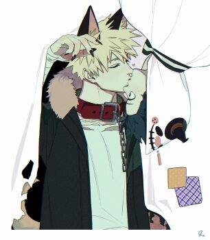 2boys 9_a_zq absurdres animal_ears arm_up bakugou_katsuki bandaged_arm bandages belt_buckle belt_collar black_hat black_jacket black_nails blonde_hair boku_no_hero_academia buckle chain closed_eyes collar commentary_request cropped_torso fingernails freckles fur-trimmed_hood fur_trim ghost ghost_costume green_hair halloween_costume hat heart highres hood hood_up hooded_jacket jacket kiss looking_at_another male_focus midoriya_izuku mini_hat mini_witch_hat multiple_boys nail_polish open_clothes open_jacket profile red_collar sharp_fingernails short_hair spiked_hair upside-down werewolf white_background white_fur wide-eyed witch_hat wolf_ears yaoi