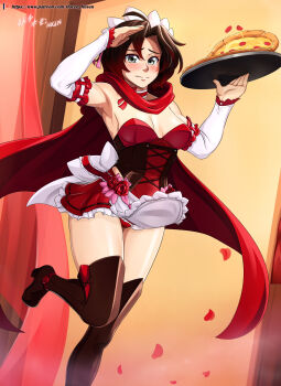 1girl absurdres armpits bare_shoulders black_hair blush boots breasts choker cleavage detached_sleeves dress flower food gradient_hair hair_between_eyes high_heels highres holding holding_food holding_pizza holding_tray looking_at_viewer maid maid_headdress medium_breasts multicolored_hair one_eye_closed pizza red_hair rose ruby_rose rwby salute short_dress short_hair smile solo standing thigh_boots thighhighs tray two-tone_hair underwear vilde_loh_hocen watermark web_address zsky