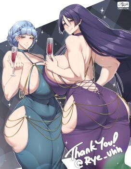 2girls absurdres ass backless_dress backless_outfit blue_hair breast_press breasts butt_crack clothing_cutout coolpsyco covered_navel cup curvy dress drinking_glass fate_(series) female_focus fire_emblem fire_emblem:_three_houses from_behind highres hip_vent huge_ass huge_breasts long_hair looking_at_viewer marianne_von_edmund matching_hair/eyes minamoto_no_raikou_(fate) modakawa_dress multiple_girls nintendo purple_eyes purple_hair short_hair symmetrical_docking thick_thighs thighs wide_hips wine_glass
