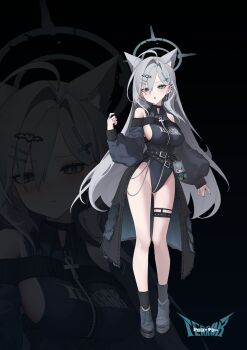 1girl ahoge alternate_costume animal_ear_fluff animal_ears ankh ankle_socks bare_shoulders belt black_background black_choker black_leotard black_nails black_shoes black_socks blue_archive blue_eyes blush breasts broken_halo character_doll choker cross cross_hair_ornament dark_halo doll ear_piercing earrings extra_ears grey_hair hair_between_eyes hair_ornament hairclip halo hand_up heart heart_hair_ornament highres inverted_cross jewelry leotard long_hair long_sleeves looking_at_viewer mismatched_pupils off-shoulder_leotard oninaart parallel_hairclips parted_lips piercing ring shiroko_terror_(blue_archive) shoes sideboob single_earring sleeves_past_wrists socks solo studded_belt studded_thigh_strap thigh_strap wolf_ears wolf_girl zipper_leotard zoom_layer