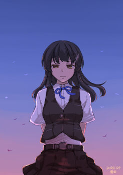 1girl arms_behind_back black_hair black_skirt black_vest blue_sky brown_eyes cloud collared_shirt dawn dress_shirt facing_viewer gradient_sky hair_ornament hairclip highres kantai_collection long_hair oyashio_(kancolle) oyashio_kai_ni_(kancolle) pleated_skirt shirt sideways_glance skirt sky solo suda_(yuunagi_enikki) vest white_shirt