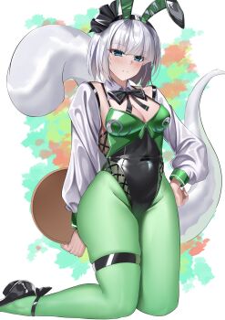 Rule 34 | 1girl, absurdres, alternate costume, animal ear hairband, animal ears, black bow, black bowtie, black hairband, black leotard, black shoes, blue eyes, blush, bow, bowtie, breasts, chinese commentary, cleavage, closed mouth, commentary request, commission, covered navel, detached collar, fake animal ears, green pantyhose, grey hair, groin, hairband, hand on own hip, highleg, highleg leotard, highres, hitodama, holding, holding tray, kaijiba, kneeling, konpaku youmu, konpaku youmu (ghost), large breasts, leotard, looking at viewer, pantyhose, playboy bunny, rabbit ear hairband, rabbit ears, second-party source, shoes, skindentation, solo, thigh strap, thighs, touhou, tray