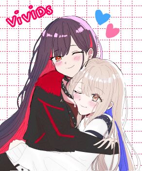 alternate_hair_length_(longer) azusawa_kohane black_hair blush brown_eyes brown_hair closed_mouth colored_inner_hair commentary_request earrings grid_background heart highres hug jewelry korean_commentary long_hair long_sleeves multicolored_hair official_alternate_costume official_alternate_hairstyle one_eye_closed project_sekai red_hair shiraishi_an smile somesppp two-tone_hair upper_body whip_the_wimp_girl!!_(project_sekai) yuri