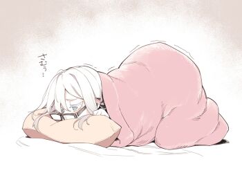 1girl asutora asutora-chan black-framed_eyewear blue_eyes cold glasses lying medium_hair mole mole_under_eye on_stomach original pillow solo translated trembling under_covers white_hair