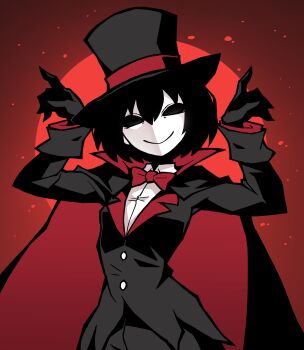 1girl akableak black_cape black_eyes black_gloves black_hair black_hat black_jacket black_pants blank_eyes bow bowtie cape closed_mouth collared_shirt colored_skin gloves hat highres jacket long_sleeves looking_at_viewer monogatari_(series) oshino_ougi pants red_background red_bow red_bowtie red_theme shirt short_hair simple_background smile solo top_hat two-sided_fabric white_shirt white_skin