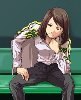 Rule 34 | 1girl, baseball jersey, black pants, breasts, brown eyes, brown hair, collared shirt, commentary request, head rest, highres, jacket, jacket on shoulders, jersey, leaning forward, medium hair, mimiyama kiichi, original, pants, pixiv girls' pro baseball, raised eyebrow, shirt, sitting, small breasts, smile, solo, white shirt