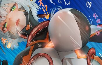 1girl absurdres blush bodysuit breasts breath colossus_(natsukaze_shigure) covered_erect_nipples defeat giant giantess green_eyes grey_hair hexagon_print highres large_breasts magical_girl motion_lines natsukaze_shigure open_mouth original peril restrained saliva science_fiction short_hair skin_tight solo speed_lines tears tentacles upper_body white_hair