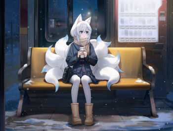 1girl absurdres animal_ear_fluff animal_ears bag blue_hair commentary_request highres jacket kitsune kumachi_(aikawaakeya) kyuubi long_hair looking_to_the_side multicolored_hair multiple_tails on_bench original outdoors pantyhose plaid_clothes plaid_skirt pleated_skirt scarf sitting skirt solo streaked_hair tail very_long_hair white_hair white_pantyhose winter winter_clothes