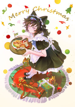 1boy absurdres animal_ears apron candy candy_cane christmas_present commentary food food_writing frilled_apron frills from_above gift highres ketchup_bottle kimetsu_no_yaiba maid maid_apron maid_headdress merry_christmas omelet omurice solo tomioka_giyuu white_apron youtuanzi