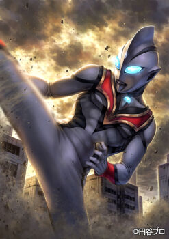 1boy alien black_skin blue_eyes building color_timer colored_skin copyright_notice dust_cloud evil_tiga forehead_jewel giant high_kick kicking multicolored_skin official_art outdoors red_skin silver_skin solo standing standing_on_one_leg tatsuya_(atelier_road) tokusatsu tsurime ultra_series ultraman_tiga_(series) wrinkled_skin