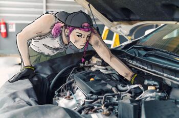 Rule 34 | 1boy, backwards hat, black gloves, braid, car, car part, danganronpa (series), danganronpa 2: goodbye despair, dirty, dirty clothes, dirty face, engine, fire hydrant, gloves, green shorts, hat, ladder, motor oil, motor vehicle, piercing, pink hair, shorts, single braid, soda kazuichi, specialneedz, tank top, window
