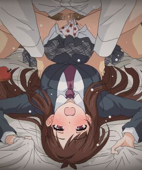 Rule 34 | 1boy, 1girl, apple, arms up, bed, bed sheet, blush, brown hair, censored, clothed sex, clothes lift, clothing aside, collared shirt, eyebrows, food, fruit, groin, hair ornament, half-closed eyes, hetero, idolmaster, idolmaster cinderella girls, long hair, long sleeves, looking at viewer, lying, missionary, mosaic censoring, necktie, oekaki, on back, on bed, open mouth, panties, panties aside, penis, polka dot, polka dot panties, pussy, pussy juice, red eyes, school uniform, sex, shirt, sidelocks, skirt, skirt lift, solo focus, spread legs, sweat, tomu (tomubobu), torso grab, tsujino akari, underwear, vaginal